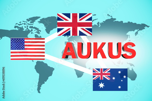 Military political defense alliance. 3D inscription AUKUS and American, Australian and Britain flag on world map background.