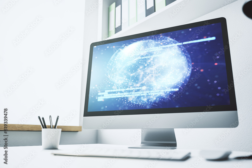 Fototapeta premium Modern computer display with abstract software development hologram and world map, global research and analytics concept. 3D Rendering