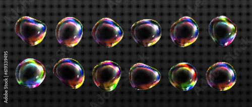 3d iridescent fluid glass spectrum foam vector. Realistic transparent soap bubble with dreamy neon rainbow light texture. Shampoo or powder abstract blow object icon. Clear soapy detergent air sphere
