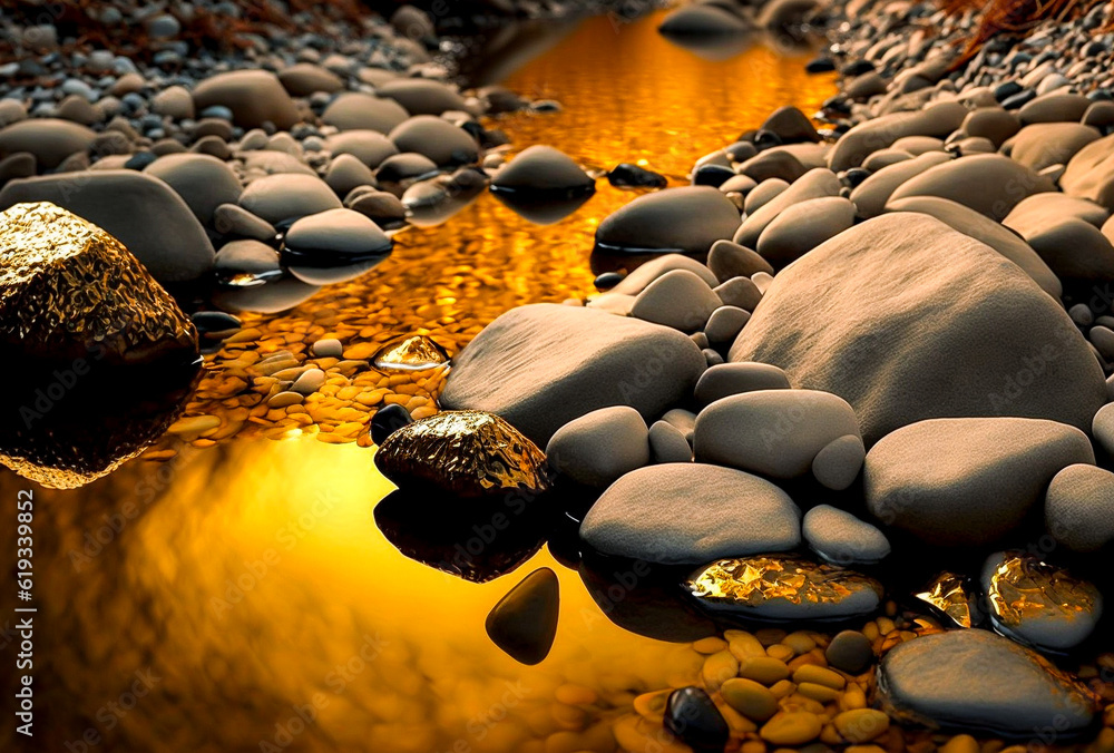 Obraz premium gold rocks in the water gravel bed. AI generated Illustration