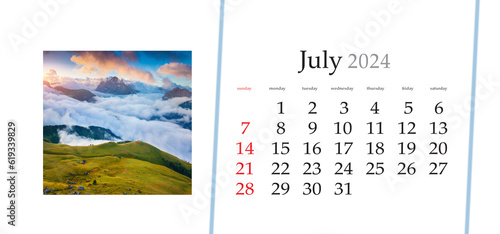 Set of horizontal flip calendars with amazing landscapes in minimal style. July 2024. Incredible summer scene of Val di Fassa valley with Sella pass (Passo Sella), Dolomite Alps, Italy, Europe. photo