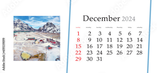 Set of horizontal flip calendars with amazing landscapes in minimal style. December 2024. View from flying drone of Flakstad village with Hustinden mount on background, Norway, Europe. photo