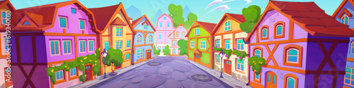 Medieval germany town street with old house vector. European ancient building in german city cartoon cityscape. Vintage timber cottage and suburban district exterior with victorian architecture