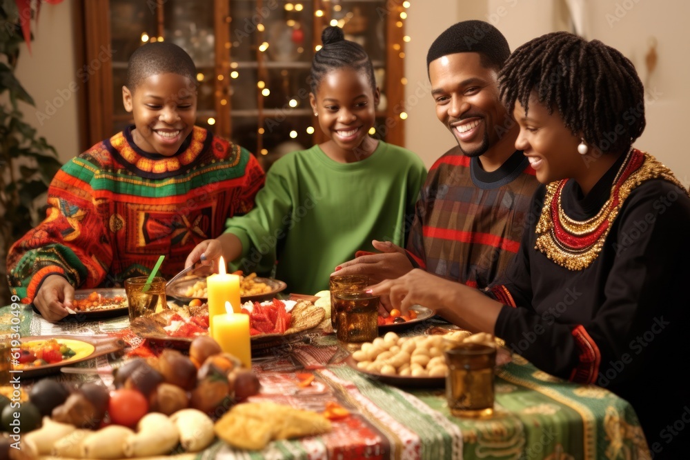 Community unity: A family of black people celebrating Kwanzaa Community unity: A family of black people celebrating Kwanzaa