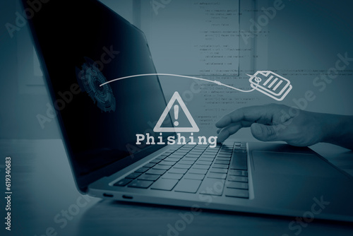 Phishing cyber attack, concept cyber security. Man user Computer laptop a hacker do Phishing data.