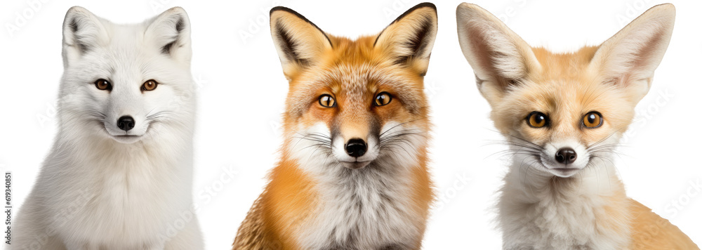 Fox portrait collection, bundle of red fox, arctic fox and fennec fox isolated on white background as transparent PNG, animal set