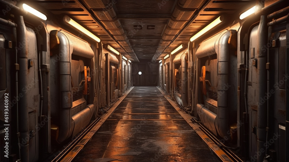 corridor inside the spaceship There's light at the end of the tunnel.