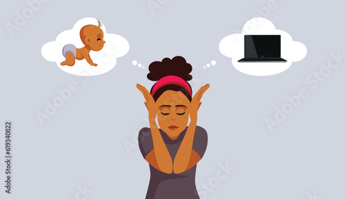 Stressed Woman Choosing Between Baby and Career Vector Illustration. Girl making a personal decision for her future 
