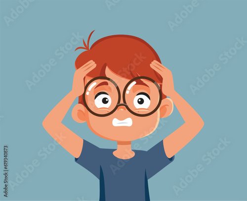 Desperate Little Boy Feeling Stressed and Exasperated Vector Illustration. Stressed schoolboy feeling anxious and overwhelmed 
