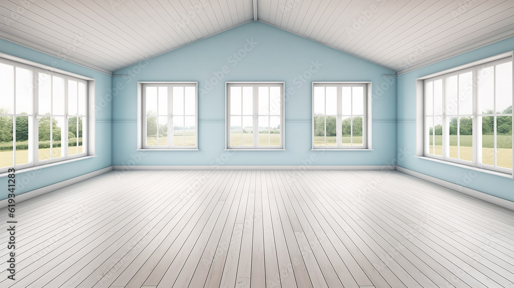 Fototapeta premium bright empty room hall with a large window and parquet, natural lighting. Generative AI
