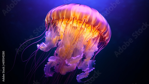 fantastic glowing jellyfish, ocean alien underwater creature. Generative AI © kichigin19