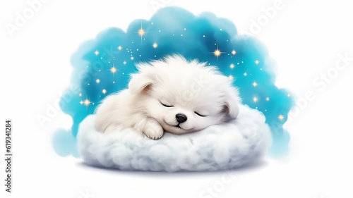 cute little puppy sleeping on a cloud isolated on a white background watercolor drawing. Generative AI  © kichigin19