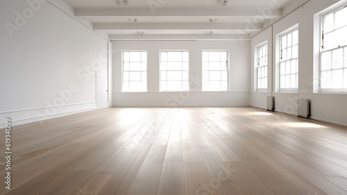 bright empty room hall with a large window and parquet, natural lighting. Generative AI © kichigin19