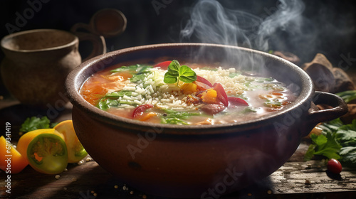 An enticing shot of a steaming bowl of homemade soup, showcasing the rich colors and textures of the ingredients. made with ai generative