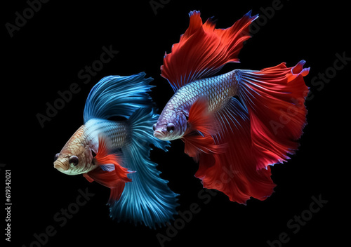 Beautiful Siamese fighting fish on dark background. Betta fish. Colorful fighting Siamese fish with beautiful silk tail isolated on black. Generative AI.