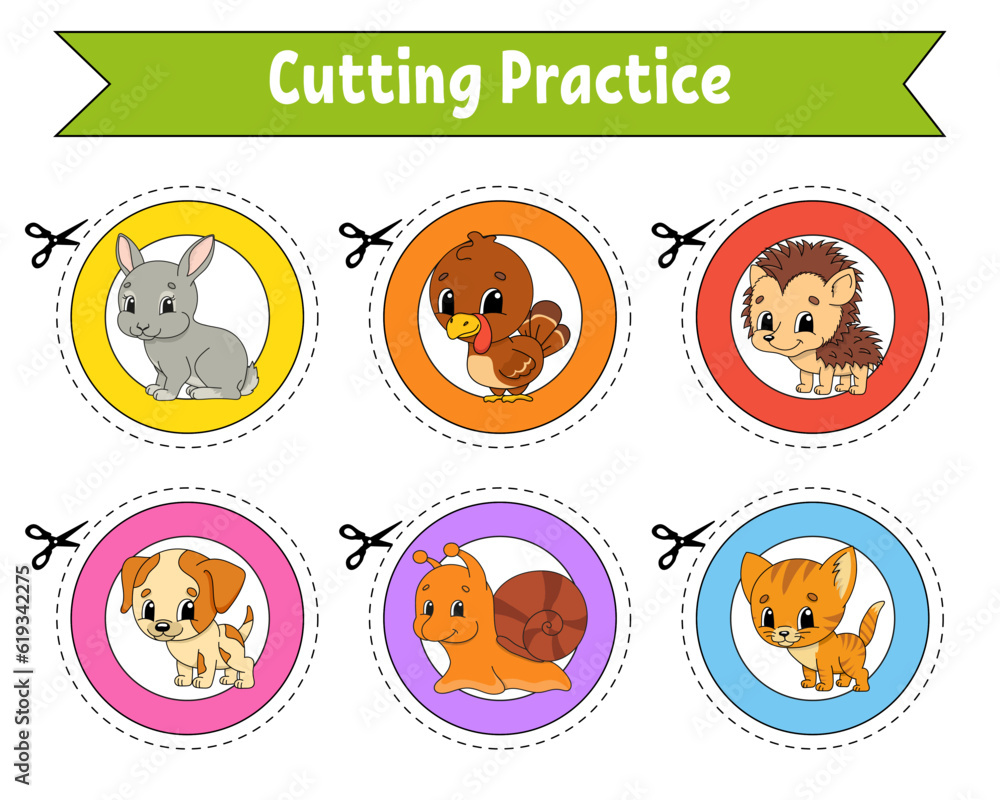 Obraz premium Cutting practice. Educational activity worksheet for kids and toddlers. Game for children. Vector illustration.