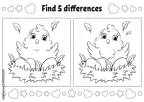 Find five differences. Easter theme. Coloring page for kids. Activity worksheet for children. Vector illustration isolated on white background.