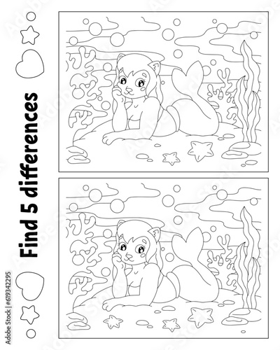 Find five differences. Coloring page for kids. Activity worksheet for children. Vector illustration isolated on white background.