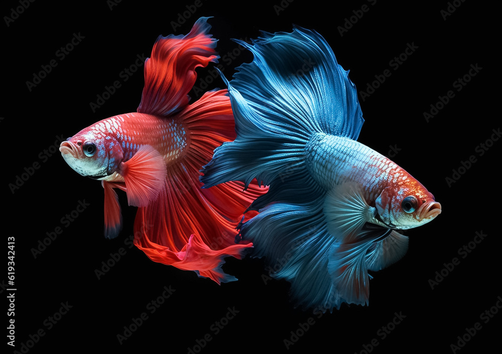 Fototapeta premium Beautiful Siamese fighting fish on dark background. Betta fish. Colorful fighting Siamese fish with beautiful silk tail isolated on black. Generative AI.