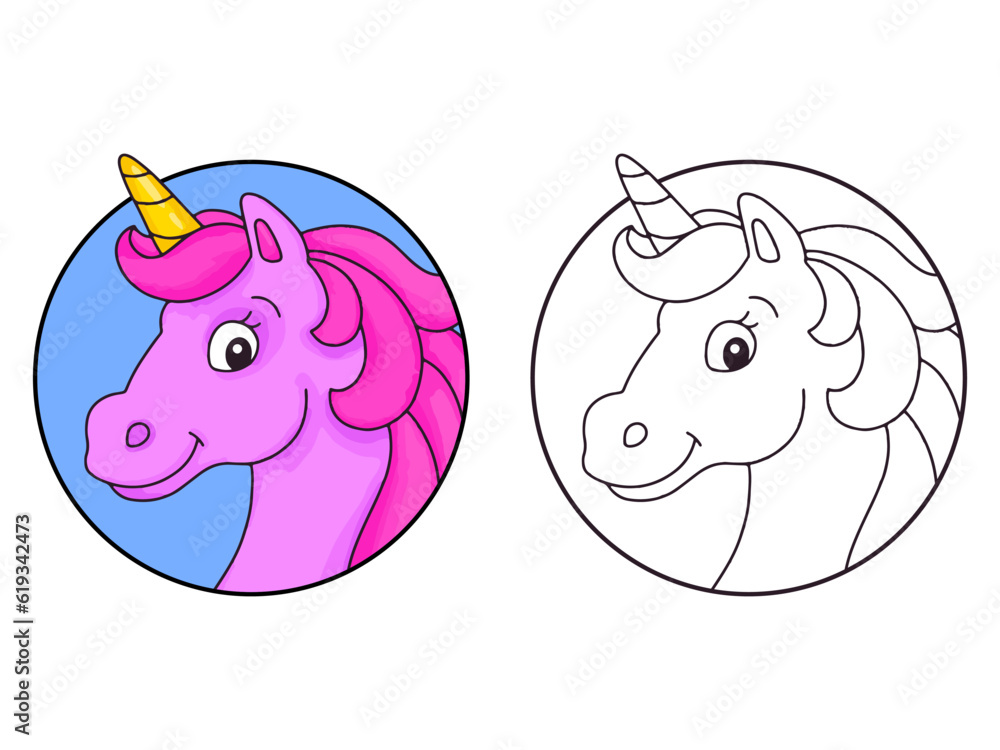 Horse unicorn head. Coloring book page for kids. Cartoon style character. Vector illustration isolated on white background.