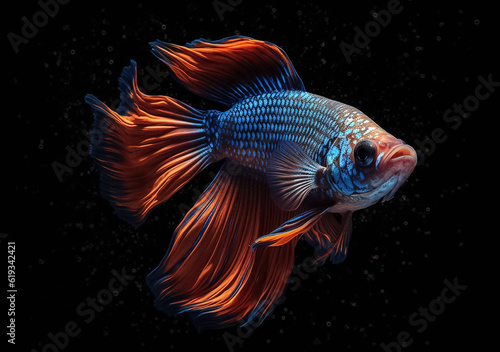 Beautiful Siamese fighting fish on dark background. Betta fish. Colorful fighting Siamese fish with beautiful silk tail isolated on black. Generative AI.