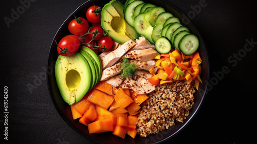 Buddhist bowl. Buckwheat, pumpkin, chicken fillets, avocados, carrots. On a dark background. Top view. Generative Ai