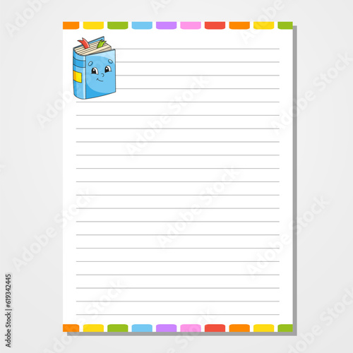 Sheet template for notebook, notepad, diary. Lined paper. Cute character. With a color image. Isolated vector illustration. cartoon style.