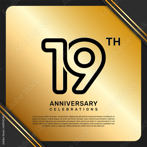 19th anniversary celebration template design with simple and luxury style in golden color, vector template