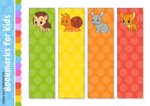 Set of paper bookmarks for books with cute cartoon characters. For kids. Isolated on white background. Vector illustration.