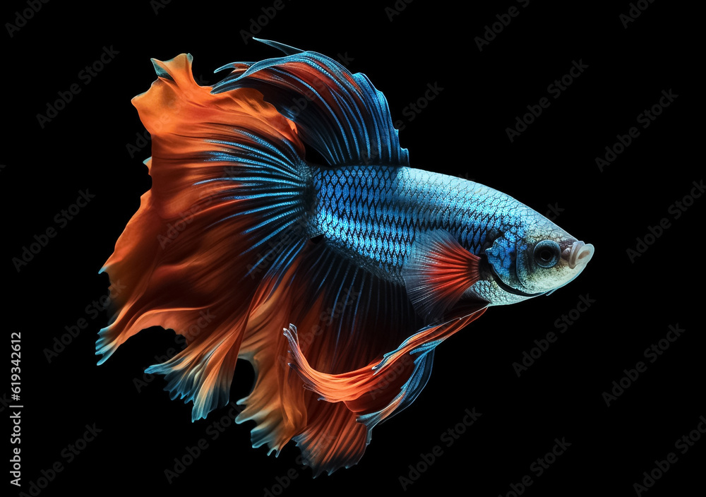 Fototapeta premium Beautiful Siamese fighting fish on dark background. Betta fish. Colorful fighting Siamese fish with beautiful silk tail isolated on black. Generative AI.
