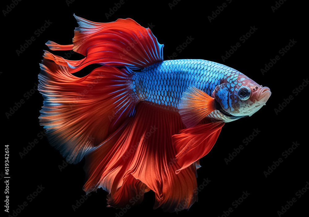 Beautiful Siamese fighting fish on dark background. Betta fish. Colorful fighting Siamese fish with beautiful silk tail isolated on black. Generative AI. Beautiful Siamese fighting fish on dark background. Betta fish. Colorful fighting Siamese fish with beautiful silk tail isolated on black. Generative AI.