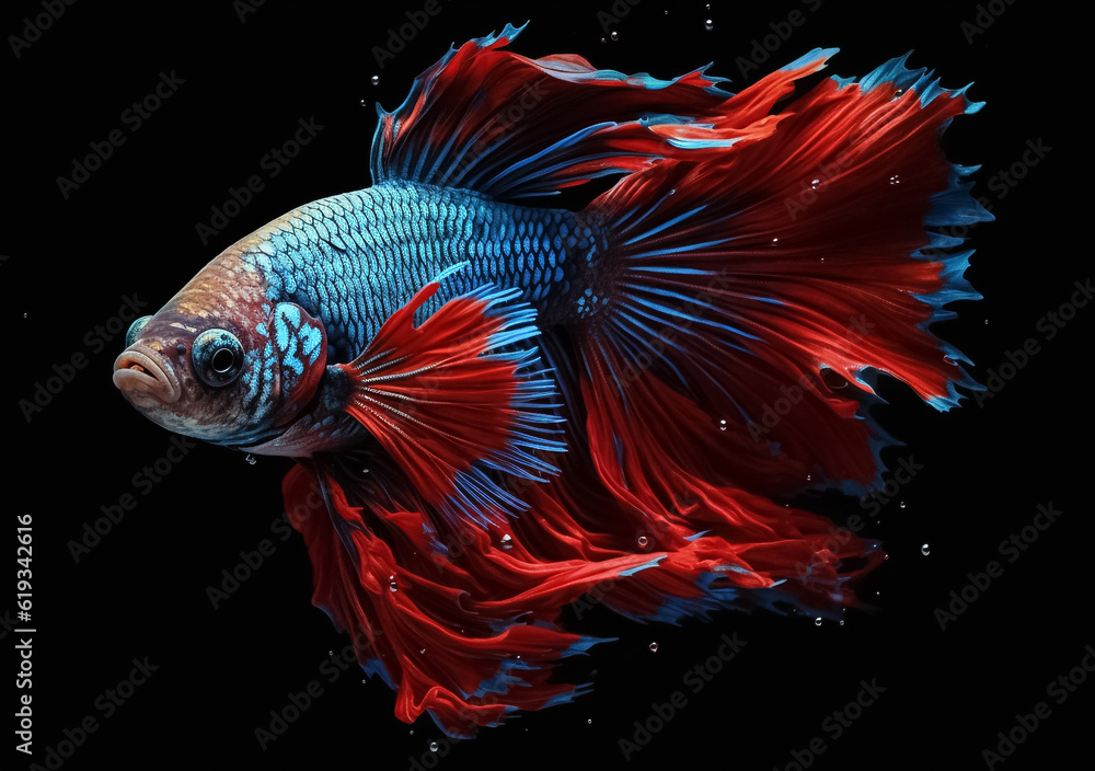 Fototapeta premium Beautiful Siamese fighting fish on dark background. Betta fish. Colorful fighting Siamese fish with beautiful silk tail isolated on black. Generative AI.