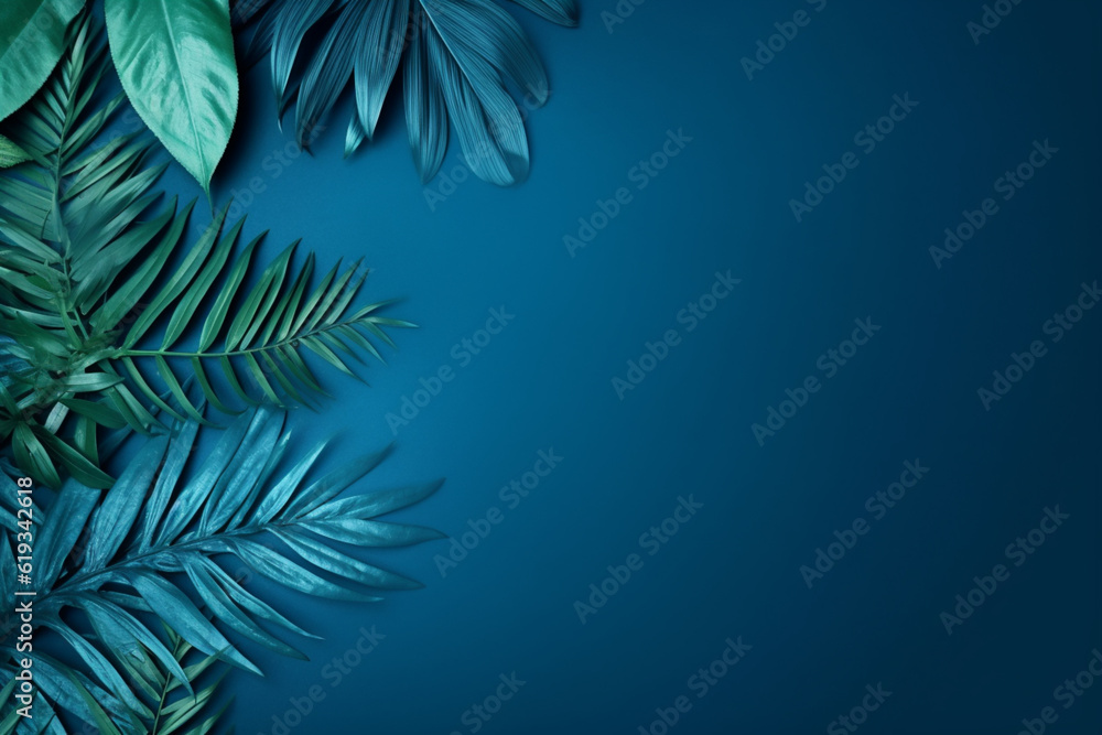 Collection of tropical leaves,foliage plant in blue color with space background