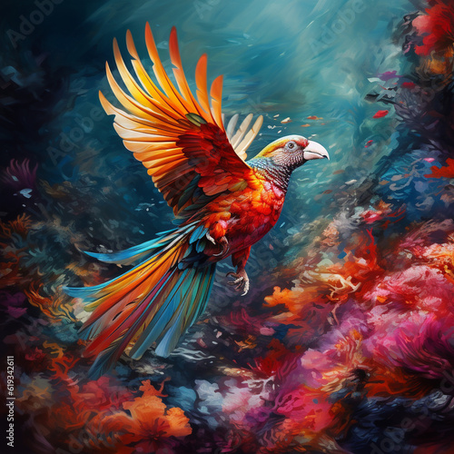 Red bird flying underwater towards colourful wallpaper.Generative Ai content