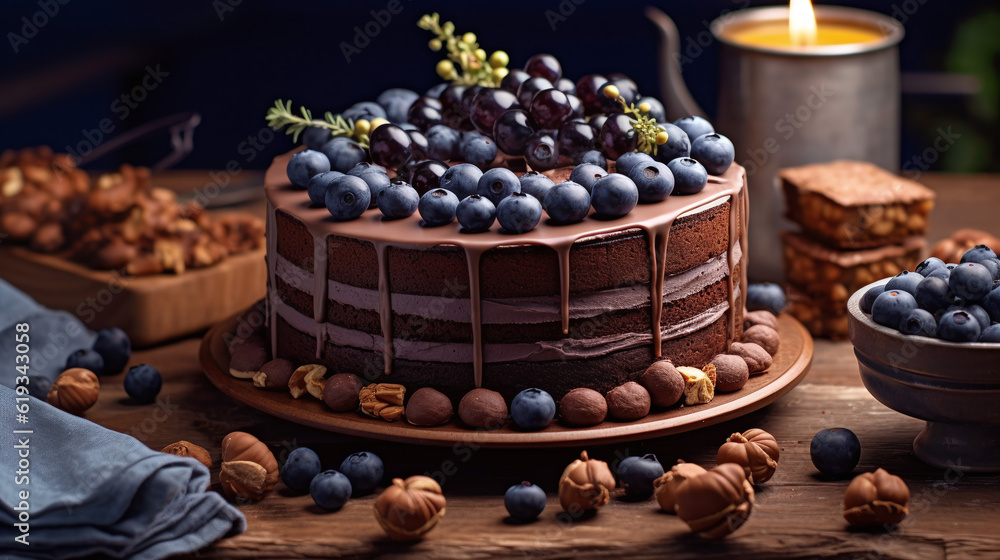 Chocolate cake decorated with blueberries, cookies and bubble chocolates on a black background. Generative Ai