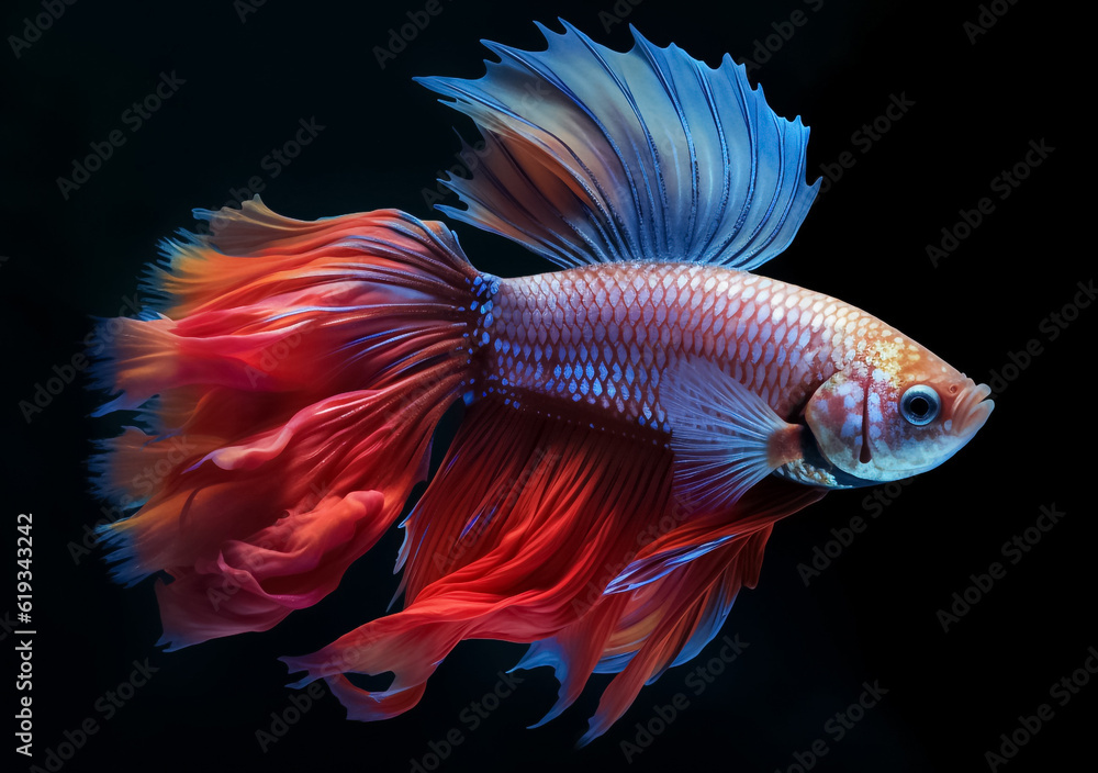 Fototapeta premium Beautiful Siamese fighting fish on dark background. Betta fish. Colorful fighting Siamese fish with beautiful silk tail isolated on black. Generative AI.