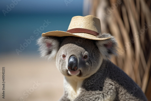 Generative AI. a koala wearing a beach hat