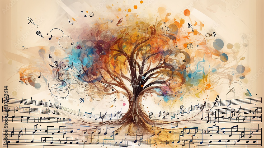 idea music theme eco notes tree isolated poster. Generative AI - obrazy, fototapety, plakaty 