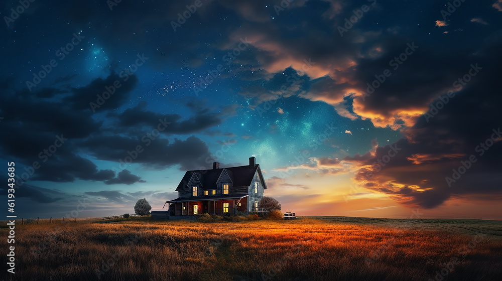 Obraz premium landscape panorama lonely house cottage under the starry sky. Generative AI