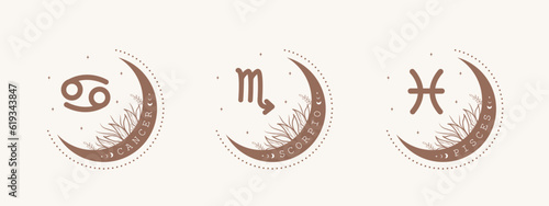 Cancer, scorpio, pisces. Water zodiac signs in boho style. Astrological icons on white background. Mystery and esoteric. Horoscope vector illustration. Spiritual symbols for tarot cards, calendars.