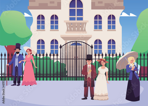 Victorian era people and building, flat vector illustration.