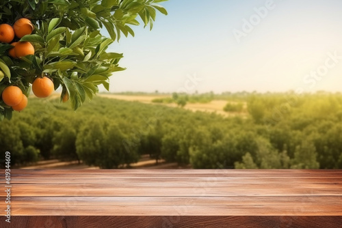 Empty wood table with free space over orange trees, orange field background. For product display mon