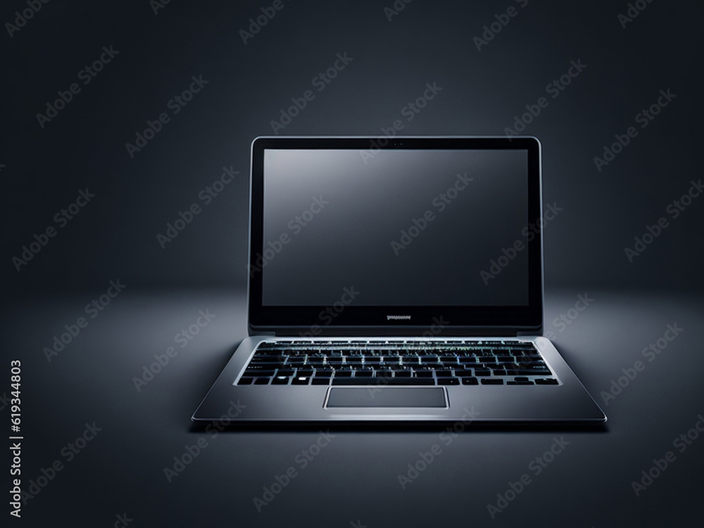 Laptop with blank screen on a dark background. Laptop with blank screen on a dark background.