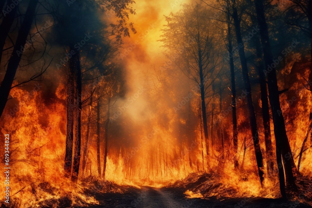 Strong fire in the forest, disaster, natural phenomenon, burning trees, coal, consequences, danger, flame, fire, conflagration, burning, cataclysm, collapse. AI. created by AI. AI generated