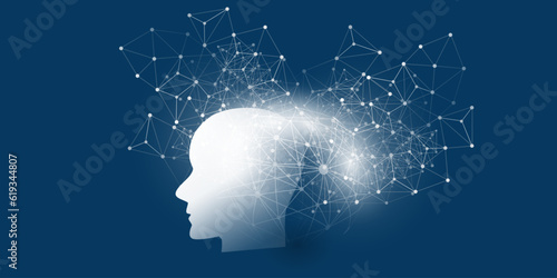 Dark Blue Machine Learning, Artificial Intelligence, Cloud Computing and Networks Design Concept with Bright White Geometric Polygonal Network Mesh and Robot Head, Face Silhouette