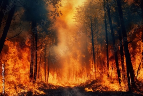 Strong fire in the forest, disaster, natural phenomenon, burning trees, coal, consequences, danger, flame, fire, conflagration, burning, cataclysm, collapse. AI. created by AI. AI generated © Iryna