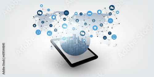 Internet of Things, Cloud Computing, Smart City Design Concept with Service Icons, Tablet PC, Globe with City Inside and World Map - Global Digital Mobile Network Connections, Technology Background