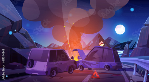 Night car crash on mountain road traffic vector illustration. Automobile accident and damage on highway roadside concept. Two vehicle collision hit with smoke and fire dark banner background.