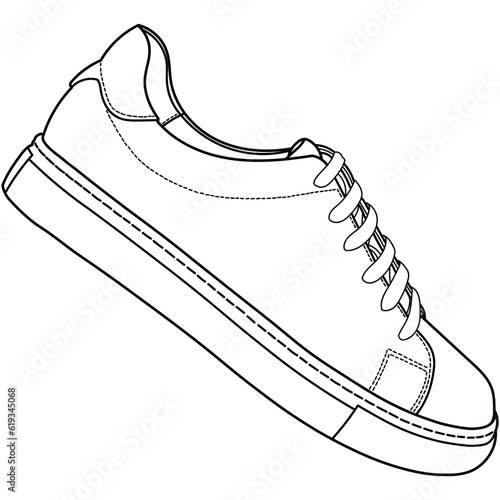 hand drawn sneakers, gym shoes, side and sole view. Image in different views - front, back, top, side, sole and 3d view. Doodle vector illustration.