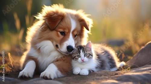 Cute dog and cat together background with copy space